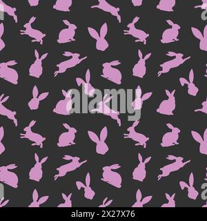 Easter seamless pattern of pink rabbit silhouettes in different actions. Festive Easter bunnies design. Isolated on black background. For Easter decor Stock Vector