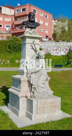 Bronze and stone statue dedictaed to scientist Augusto González de Linares Geólogo, mineralogista y zoólogo born Valle de Cabuérniga.Cantabria Spain Stock Photo