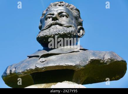 Bronze and stone statue dedictaed to scientist Augusto González de Linares Geólogo, mineralogista y zoólogo born Valle de Cabuérniga.Cantabria Spain Stock Photo