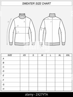 Sweater size chart. Knitted turtleneck front and back sketch. Clothing measurements. Women CAD mockup. Technical drawing template Vector illustration Stock Vector