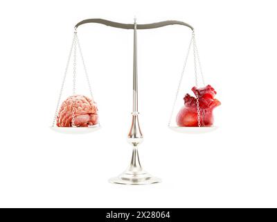 3d rendering of metal pan balance with human brain and human heart placed on opposite scale pans on white backround Stock Photo