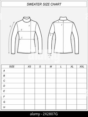 Turtleneck size chart. Rollneck front and back sketch. Clothing measurements. Women CAD mockup. Technical drawing template Vector illustration Stock Vector