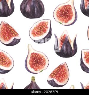 Watercolor fruit border design with figs and leaves on white background. Horizontal seamless pattern. Stock Photo