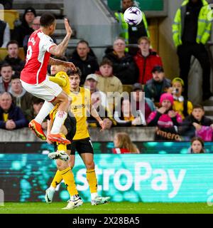 Wolverhampton, UK. 20th Apr, 2024. Gabriel Jesus of Arsenal climbs above João Gomes of Wolves during the Premier League match between Wolverhampton Wanderers and Arsenal at Molineux, Wolverhampton, England on 20 April 2024. Photo by Stuart Leggett. Editorial use only, license required for commercial use. No use in betting, games or a single club/league/player publications. Credit: UK Sports Pics Ltd/Alamy Live News Stock Photo