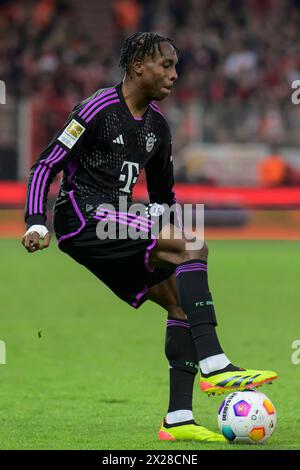 Berlin, Germany. 20th Apr, 2024. Mathys Tel (FC Bayern Muenchen, #39),,  1. FC Union Berlin vs FC Bayern Muenchen, 1st Bundesliga, soccer, DFB, Bundesliga, season 2023/2024, Alte Foersterei, 30th matchday, Credit: HMB Media/Uwe Koch/Alamy Live News  DFB/DFL REGULATIONS PROHIBIT ANY USE OF PHOTOGRAPHS AS IMAGE SEQUENCES AND/OR QUASI-VIDEO,  20.04.2024, Credit: Heiko Becker/Alamy Live News Stock Photo