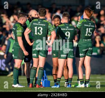 Galway, Ireland. 20th April, 2024. Connacht's Bundee Aki speaks to the team during a break in action Credit: Don Soules/Alamy Live News Stock Photo