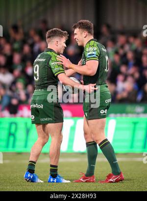 Galway, Ireland. 20th April, 2024. Tom Farrell celebrates his try with Connacht teammate Matthew Devine Credit: Don Soules/Alamy Live News Stock Photo