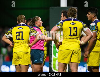 Galway, Ireland. 20th April, 2024. Referee Aimee Barrett-Theron addresses the Zebre team during the BKT United Rugby Championship round 14 match between Connacht and Zebre at Dexcom Stadium in Galway Credit: Don Soules/Alamy Live News Stock Photo