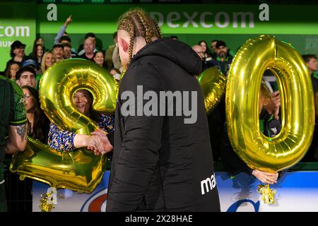 Galway, Ireland. 20th April, 2024. Finlay Bealham thanking fans for commemorating his 200th cap for Connacht with balloons Credit: Don Soules/Alamy Live News Stock Photo