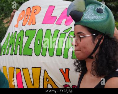 Lima, Peru. 20th Apr, 2024. 'For the Amazon alive and with rights' can be read on a banner when dozens of demonstrators and environmentalists took to the streets, demonstrating for the recent modifications to the forestry law that would facilitate the deforestation of the Amazon and illegal logging Credit: Fotoholica Press Agency/Alamy Live News Stock Photo