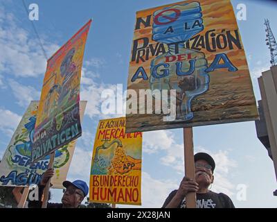 Lima, Peru. 20th Apr, 2024. Signs saying 'No to water privatization' can be read when dozens of demonstrators and environmentalists took to the streets, demonstrating for the recent modifications to the forestry law that would facilitate the deforestation of the Amazon and illegal logging Credit: Fotoholica Press Agency/Alamy Live News Stock Photo