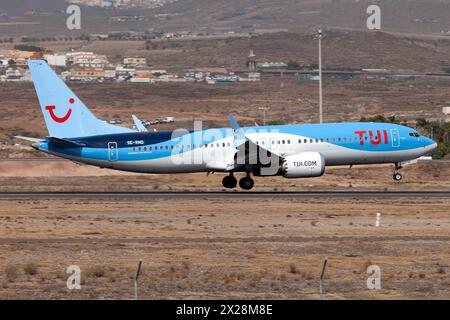 A TUI (tui fly nordic) Boeing 737-8 MAX touching down at Tenerife Sur-Reina Sofía. TUI fly Nordic is a leasure and charter airline based in Stockholm being part of the german touristic group TUI Stock Photo