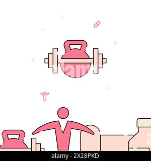 Kettlebell and dumbbell filled line vector icon, simple illustration, related bottom border. Stock Vector