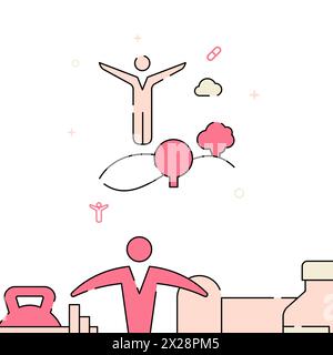 Man doing sports in nature filled line vector icon, simple illustration, related bottom border. Stock Vector