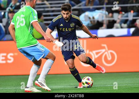 Seattle, WA, USA. 20th Apr, 2024. Vancouver Whitecaps forward Brian White (24) during the MLS soccer match between the Seattle Sounders and the Vancouver Whitecaps in Seattle, WA. Steve Faber/CSM/Alamy Live News Stock Photo