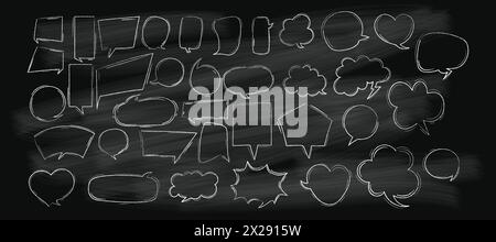 Speech bubbles white chalk on black board. Cloud for text, empty geometric shapes, chatting box, message box. Outline hand drawings big set. Isolated Stock Vector