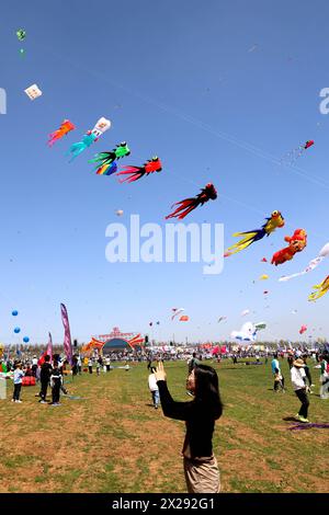 Weifang, China. 21st Apr, 2024. Tourists are visiting the Weifang International Kite Fair in Weifang, Shandong Province, China, on April 20, 2024. (Photo by Costfoto/NurPhoto) Credit: NurPhoto SRL/Alamy Live News Stock Photo