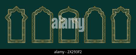Gold arch frame shape Islamic door or window with geometric girikh pattern, silhouette Arabic arch. Luxury set in oriental style. Frames in Arabic Stock Vector