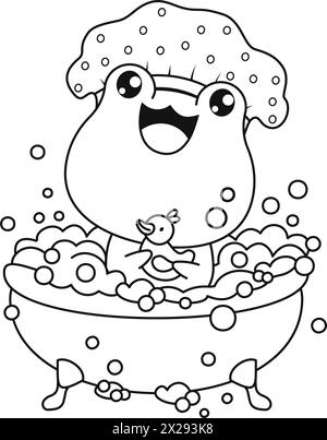 Smiling frog in shower cap bathes in bath with foam and rubber duck. Outline cartoon kawaii animal character. Line drawing, coloring book. Vector illu Stock Vector