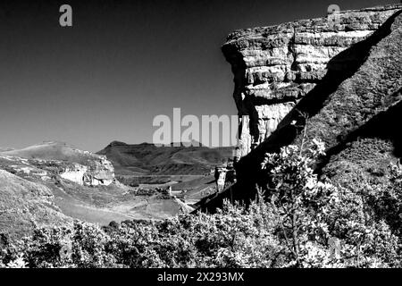 The impressive Sandstone Buttress, known as the Brandwag sentinel in the Golden Gate Highlands National Park of South Africa in Black and White. Stock Photo