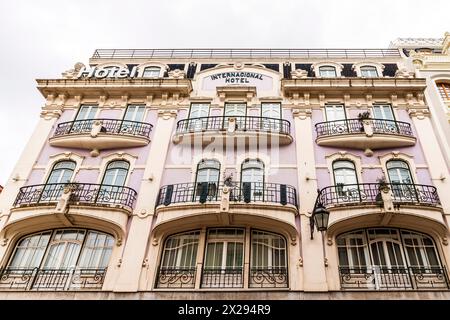 Historical  art nouveau facade of  International Hotel by the Rua Augusta, Lisbon, Portugal. Stock Photo