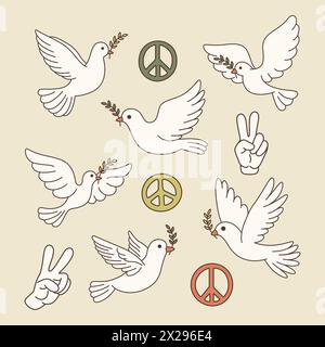 Symbols of Peace - Hand Gesture, Dove, Olive Branch Icon Collection. Pigeon Bird Set, Flat Vector Illustration Stock Vector