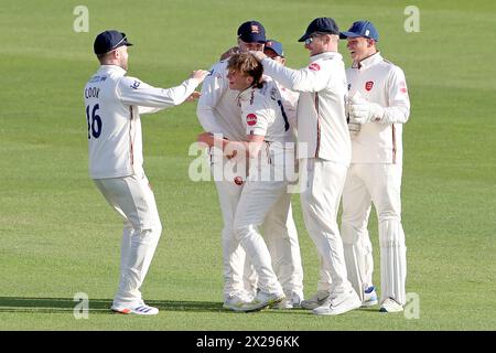 Noah Thain of Essex celebrates with his team mates after taking the wicket of Tom Bailey during Essex CCC vs Lancashire CCC, Vitality County Champions Stock Photo