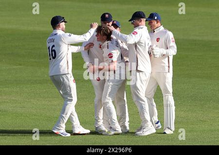 Noah Thain of Essex celebrates with his team mates after taking the wicket of Tom Bailey during Essex CCC vs Lancashire CCC, Vitality County Champions Stock Photo