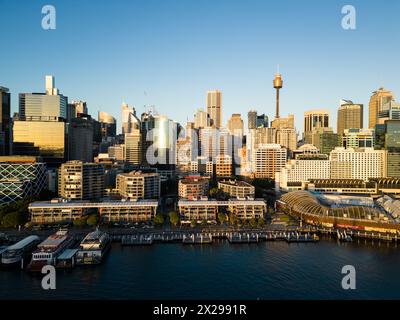 Sydney, Australia: Aerial of the Darling Harbor newly redeveloped district in downtown Sydney at sunset in Australia largest city Stock Photo