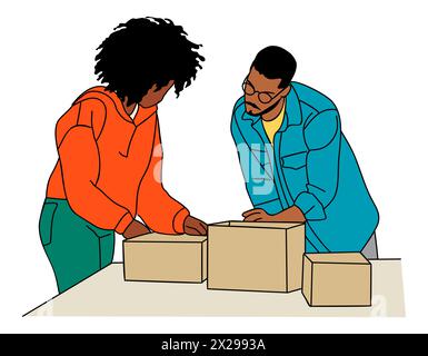 Black entrepreneurs, african american Man and woman, small business owners preparing, packaging orders from their online ecommerce store. Digital Busi Stock Vector