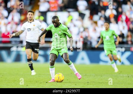 Youssouf Sabaly of Betis during the Spanish championship La Liga football match between Valencia CF and Real Betis Balompie on April 20, 2024 at Mestalla stadium in Valencia, Spain Stock Photo