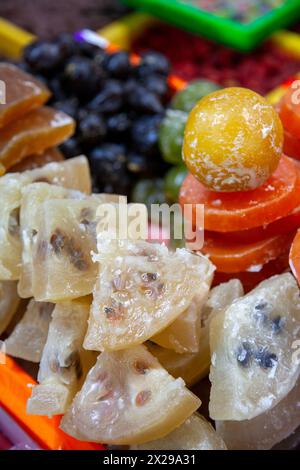 Vendor of Candied Fruit at Jamaica market in mexico City, Mexico Stock Photo