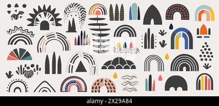 Set of vector abstract elements in black neutral colors. Geometric design of background. Abstract rainbow, sun, clouds, rain isolated on white backgro Stock Vector