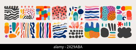 Vibrant brush strokes, colorful patterns matisse style by hand. Set Abstract backgrounds Hand drawn doodle various shapes colors spots drops. Contempo Stock Vector