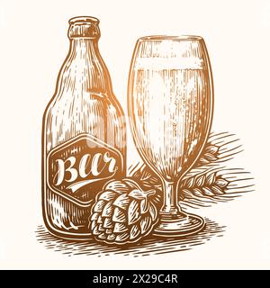 Beer mug and glass bottle filled with drink ale. Vector illustration, hand drawn sketch style Stock Vector