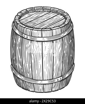 Oak barrel. Hand drawn wooden cask sketch engraving style vector illustration Stock Vector