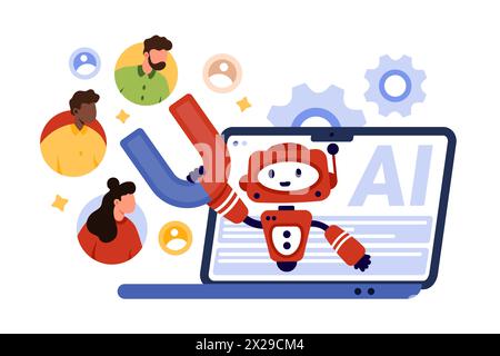 Social media marketing automation, AI tools to engage customers. Robot from laptop screen holding magnet to pull audience, attract traffic of visitors and clients cartoon vector illustration Stock Vector