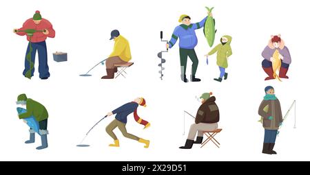 Winter fishing set. Fishermans family catching fish with rod, people in warm clothes standing and sitting on folded chairs, characters drill hole in ice to catch fish cartoon vector illustration Stock Vector