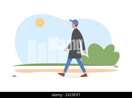 Man in coat and cap walking along city street in sunny weather in spring vector illustration Stock Vector