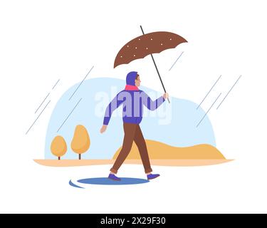 Man with umbrella walking in rain through puddles, walk in autumn park vector illustration Stock Vector