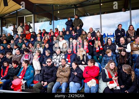 Utrecht, Netherlands. 21st Apr, 2024. UTRECHT, NETHERLANDS - APRIL 21: fans of FC Twente during the Dutch Azerion Vrouwen Eredivisie match between FC Utrecht and FC Twente at Sportpark Zoudenbalch on April 21, 2024 in Utrecht, Netherlands. (Photo by Ben Gal/Orange Pictures) Credit: Orange Pics BV/Alamy Live News Stock Photo