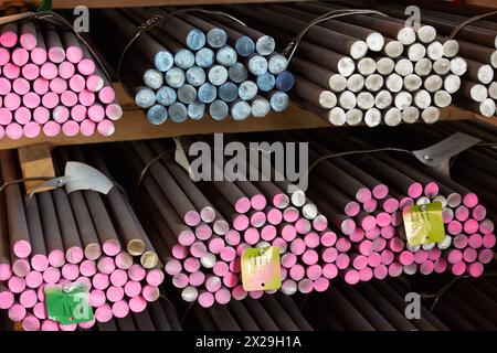 Steel round bars, Siderurgical products, Pasajes Port, Gipuzkoa, Basque Country, Spain. Stock Photo