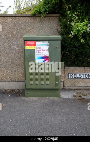 BT junction box with Fibre broadband is here sticker Stock Photo