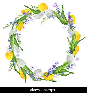 Hand-drawn watercolor illustration. Beautiful wreath with white and yellow tulips and lavender Stock Photo