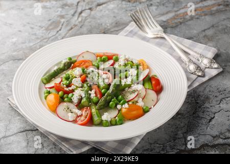 Vegetable salad of asparagus, fresh radishes, cherry tomatoes, green peas and goat cheese close-up in a plate on the table. Horizontal Stock Photo