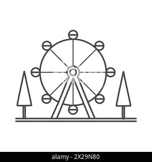 Ferris wheel in public amusement city park, fair attraction and trees vector illustration Stock Vector