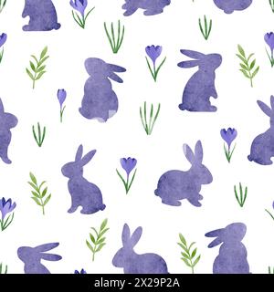 Seamless Easter pattern with watercolor bunny and crocus flowers Stock Vector