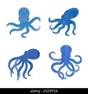 Cute octopus vector set. Watercolor sea animal silhouettes Stock Vector