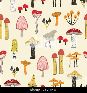 Cartoon mushrooms with eyes seamless pattern. Funny print with characters Stock Vector