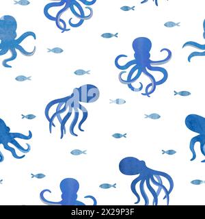 Seamless watercolor octopus pattern. Vector sea background Stock Vector
